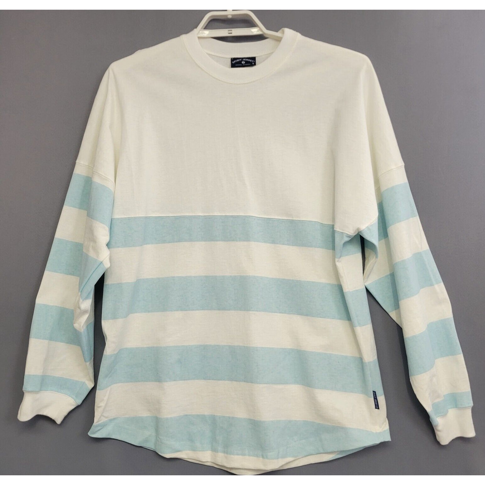 Spirit‎ Jersey Oversized Tunic Top Womens S White Blue Striped Long Sleeve Tee
